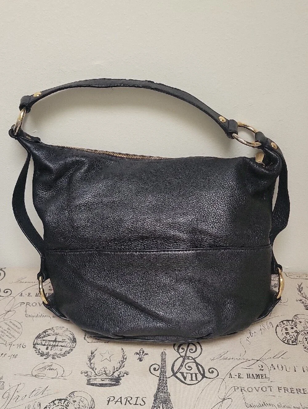 Michael Kors Black Pebbled Leather Shoulder Bag with Gold MK Emblem